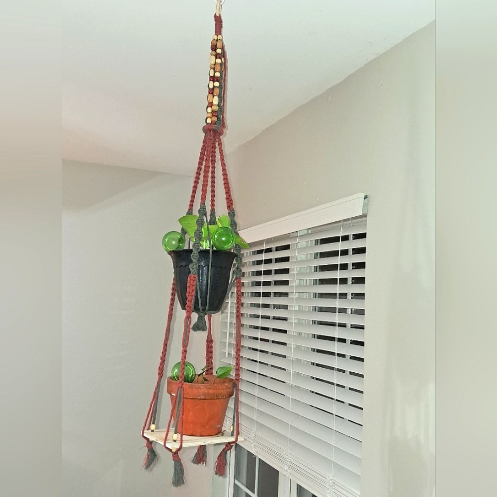 macrame plant hanger, handmade double plant holder